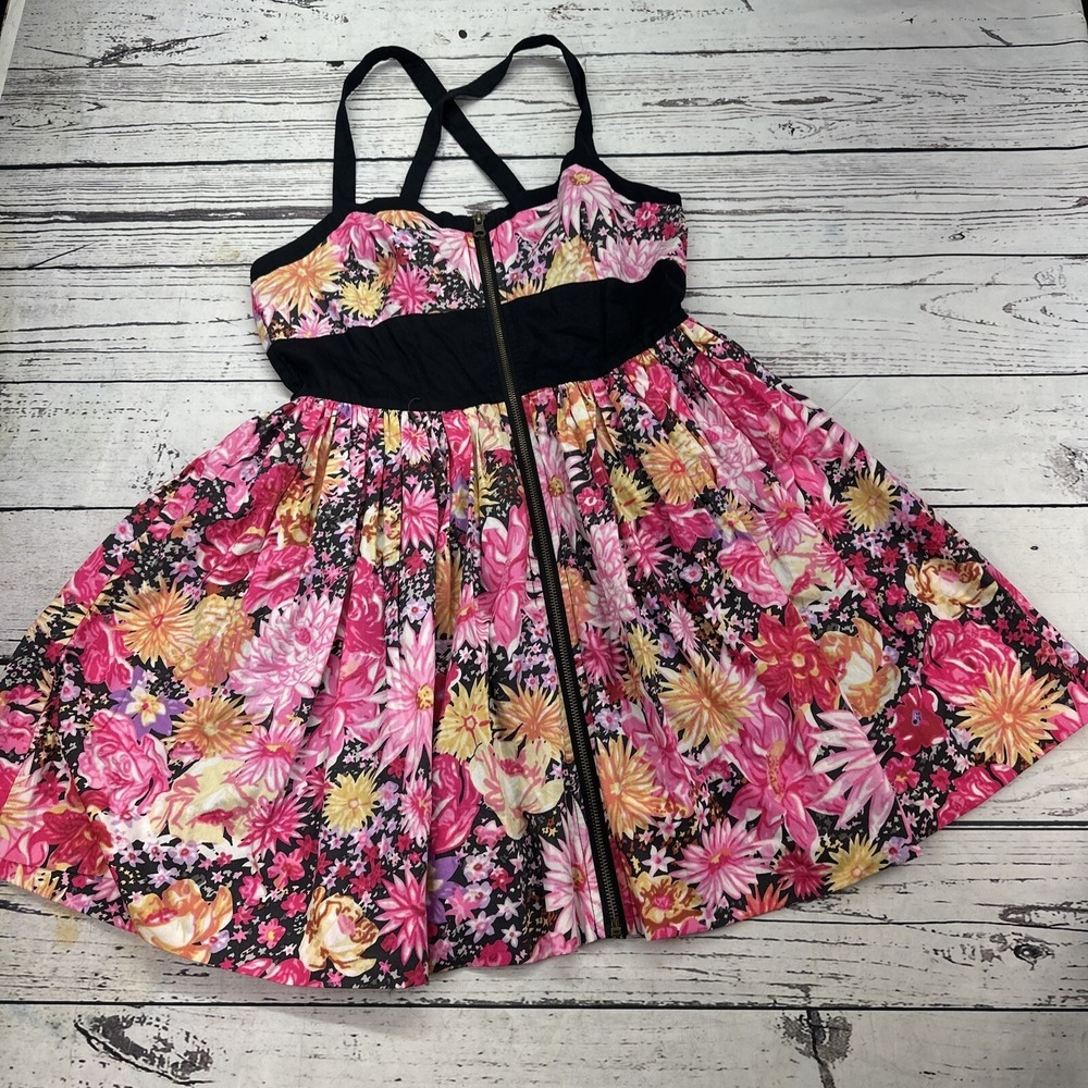 B DAKOTA Floral Fit Flare Dress Black Pink Yellow Zipper Front Strappy Size M